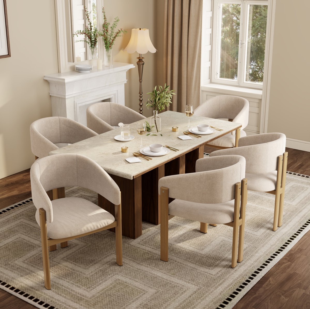 MIVRAY Eetkamerstoel 61,5 Cm - Met Armleuningen En Houtlook - Set Van 6 Voor Eetkamer, Woonkamer En Café - Metaal En Stof - Beige