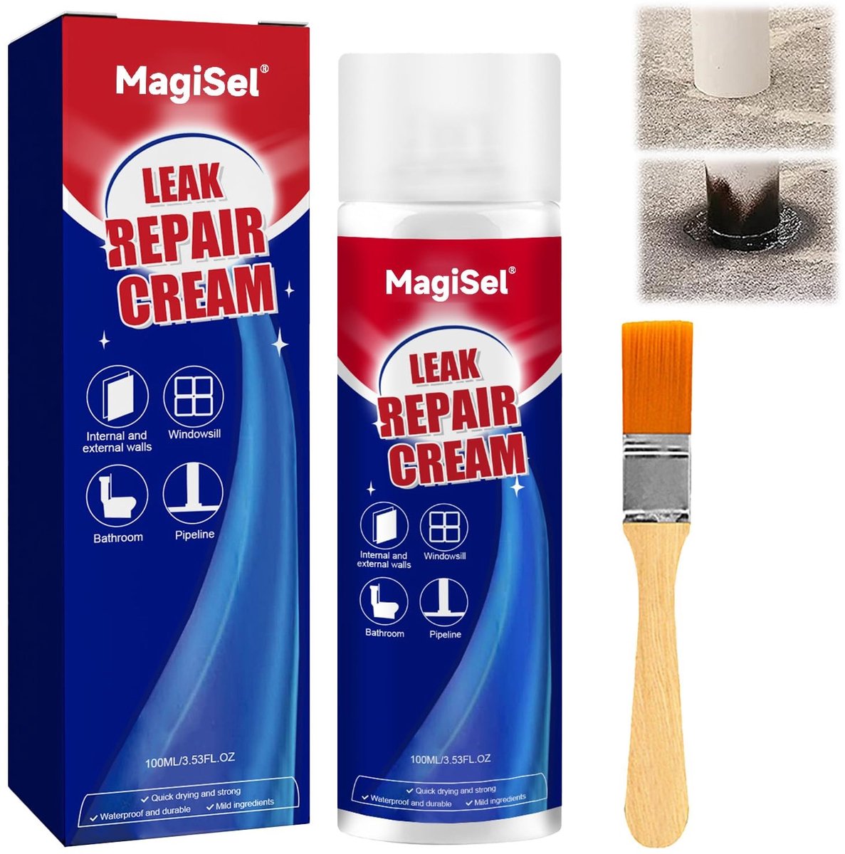 Waterdichte Reparatiecrème voor Lekken op Muren en Daken, Inclusief Borsteltje, Geschikt voor Tegels, Gotensystemen en Beton, 100 ml
