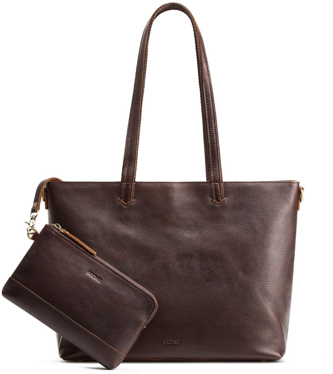 Elzusha - Dames Leren Tote Handtas met Laptop Sleeve en Pols Portemonnee, 2-delige Set