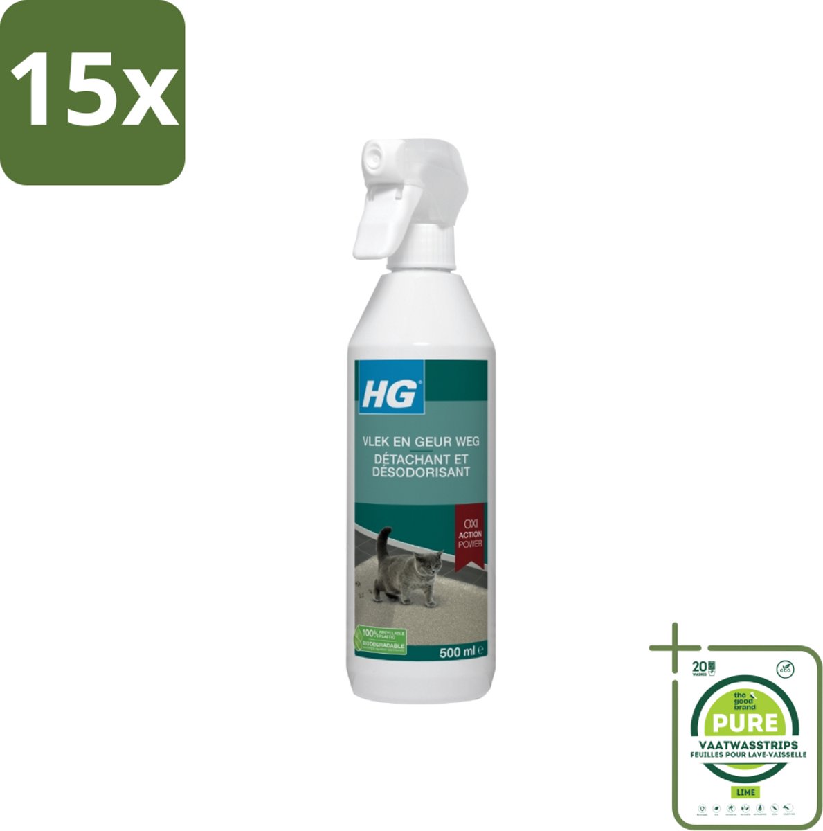 15 x HG - Vlek & Geur Weg - Tegen Kattengeuren- Oxi Action Power - 100% Biologisch - 500 ml - Grootverpakking - Kat Vlekken - Kat Geur - Vlekken Verwijderaar - Katten Urine - Tapijt Reiniging