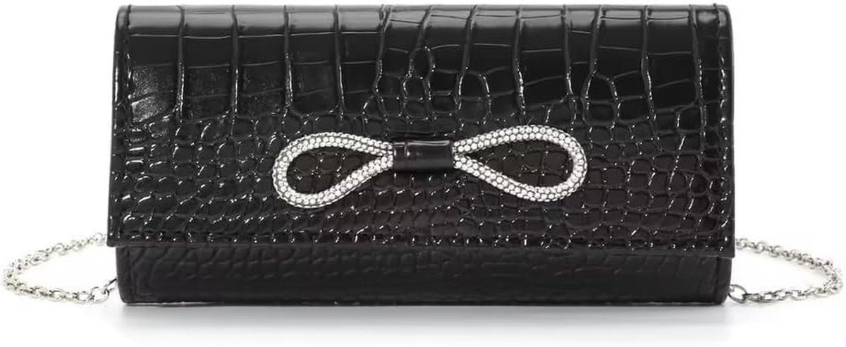 Elzusha - Elegante Zwarte Clutch met Verwijderbare Ketting en Kristallen Strik