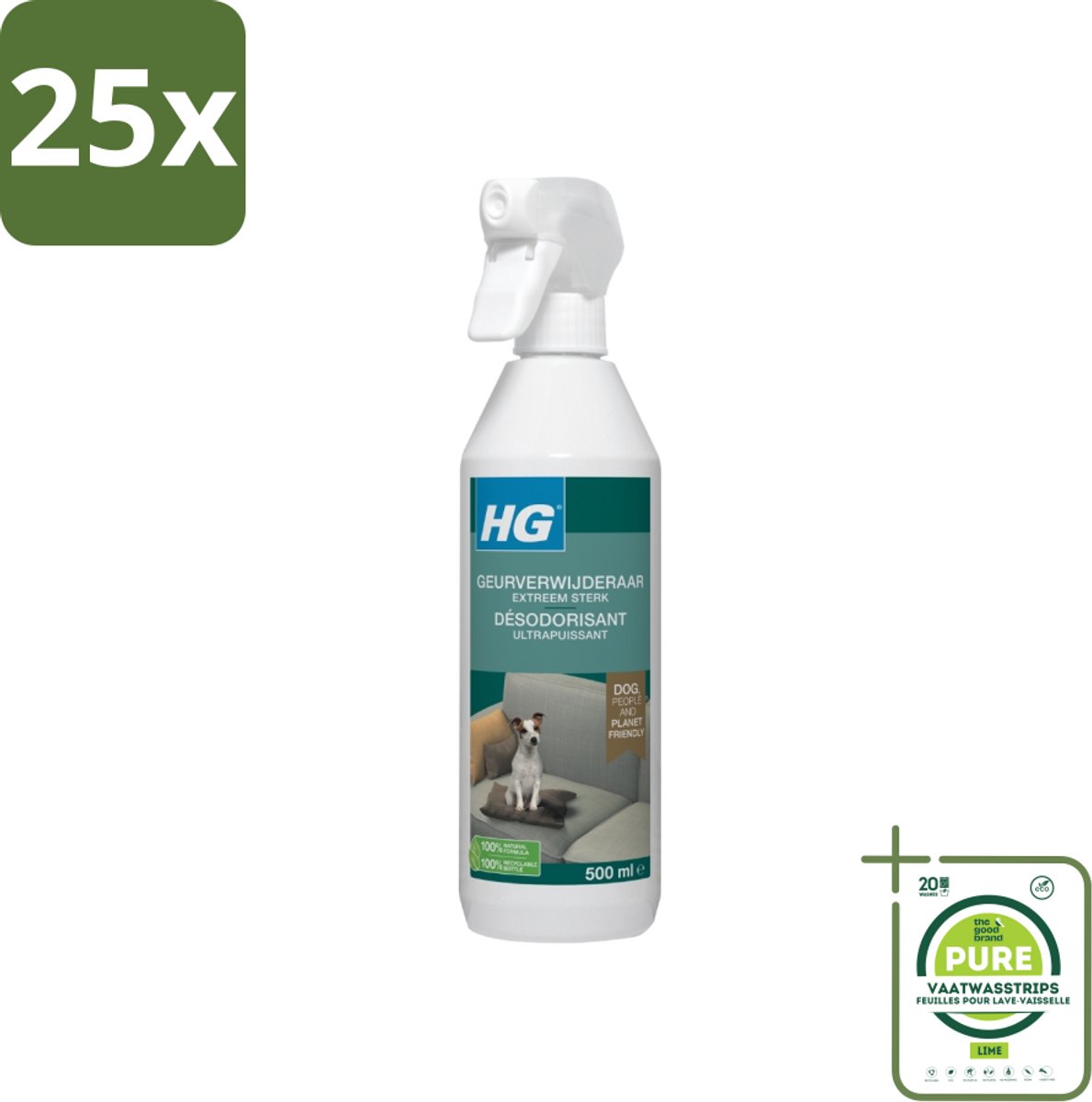 25 x HG - Geurverwijderaar Hond Spray - Extreem Sterk - Werkt Binnen 30 Minuten - 100% Biologisch - 500 ml - Grootverpakking - Geurverwijderaar Hond - Hondengeur - Geurneutralisator - Huisdierengeur - Tapijt Schoonmaken