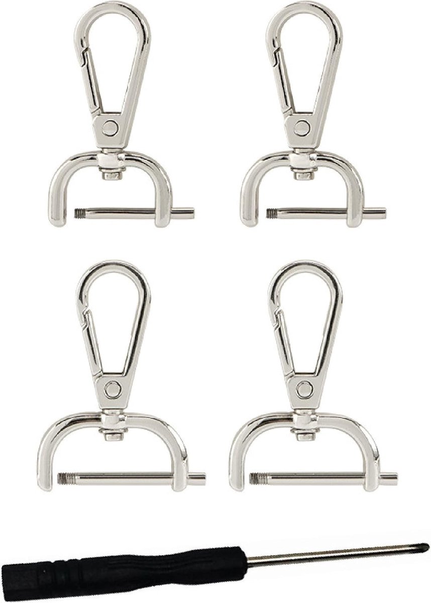Set van 4 draaibare metalen karabijnhaken met schroevendraaier, accessoires voor tassen, schoudertassen en leren tassen (zilver)