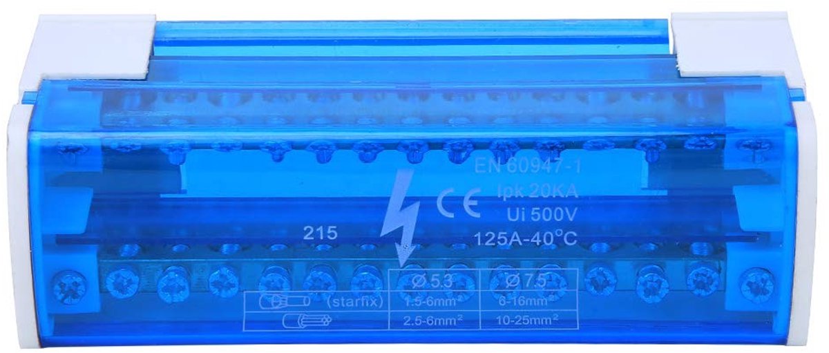 Klemdivider doos 215, 2-traps messing staaf, DIN-rail 125 A 500 V voor kast, elektrische installatie, stofisolatie, hoogwaardige materialen, duurzame constructie