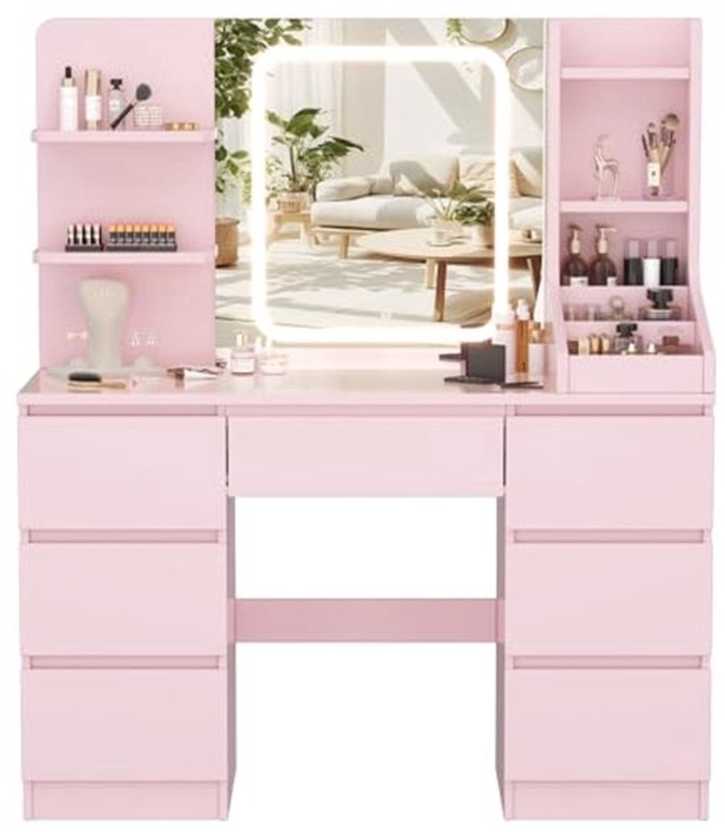 Moderne Kaptafel met LED Spiegel en Verlichting, instelbare helderheid, 4 planken en 7 laden, 110 x 40 x 139 cm, grote opbergruimte (Roze)