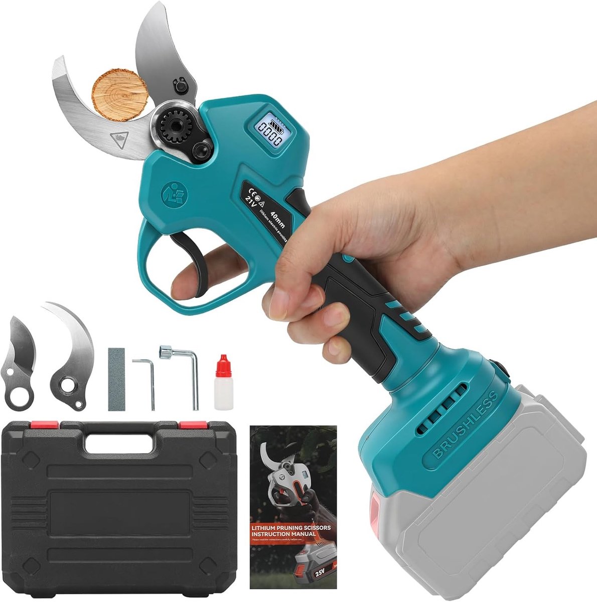 Accu Snoeischaar 18V met 40 mm Snijkracht, 65 mm Max Opening, Borstelloze Motor en LCD Display voor Efficiënt Snoeien van Bomen en Struiken
