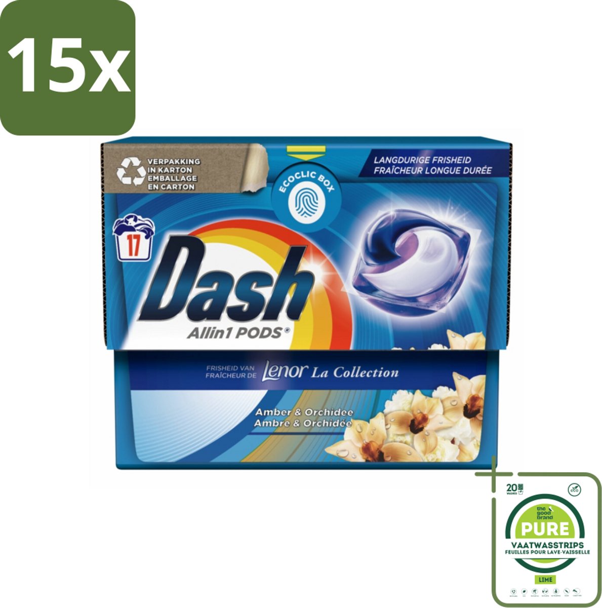 15 x Dash - Lenor Collectie - Wasmiddel Capsules - All-in-1 Pods - Witte en Gekleurde Was - Amber & Orchidee - 17 Wasbeurten - Grootverpakking - Wasmiddel Capsules - Lenor Geur - Waspoeder - Vlekkenverwijderaar - Wasverzachter