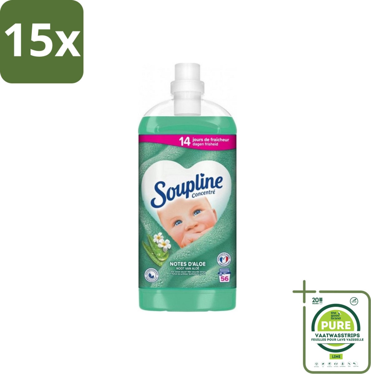 15 x Soupline - Wasverzachter - Aloë Vera - 56 Wasbeurten - 1.3L - Grootverpakking - Wasverzachter - Aloë Vera - Frisheid - Zachtheid - Wasgoed