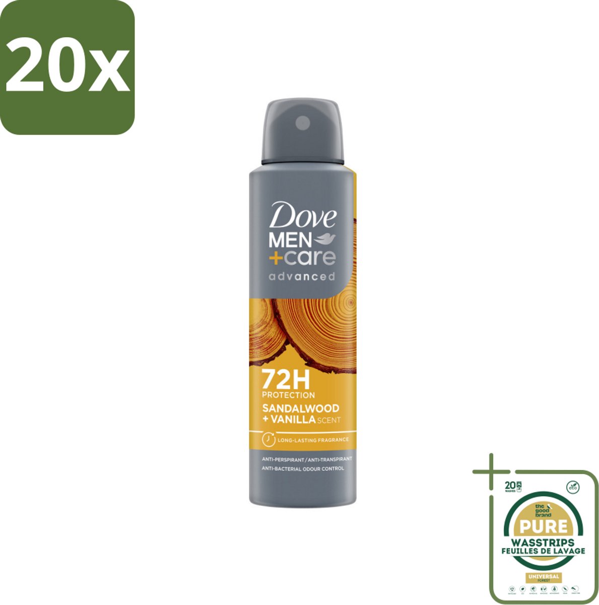 20 x Dove – Deodorant Spray – Men+Care Sandalwood & Vanilla – 150 ml - Grootverpakking - Anti-transpirant Spray - Zweetbestrijding - Oksel Verzorging - Deodorant Spray - Sandelhout En Vanille