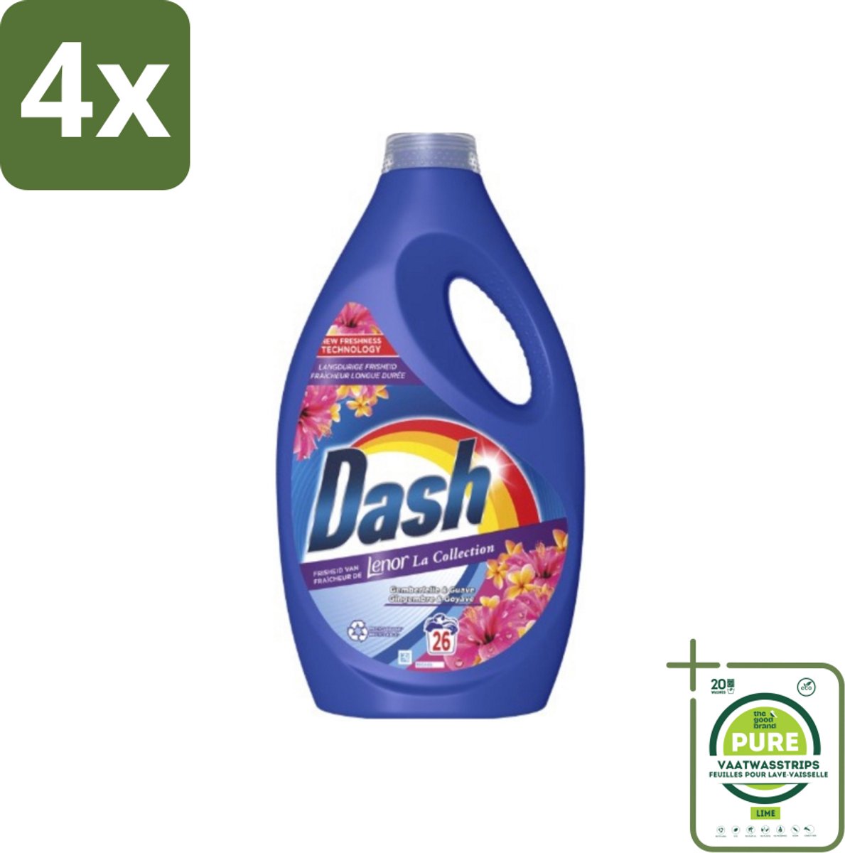 Dash - Lenor Collectie - Vloeibaar Wasmiddel - Witte en Gekleurde Was - Kersenbloesem - 26 Wasbeurten - Voordeelverpakking - 4 stuks - Wasmiddel - Vloeibaar wasmiddel