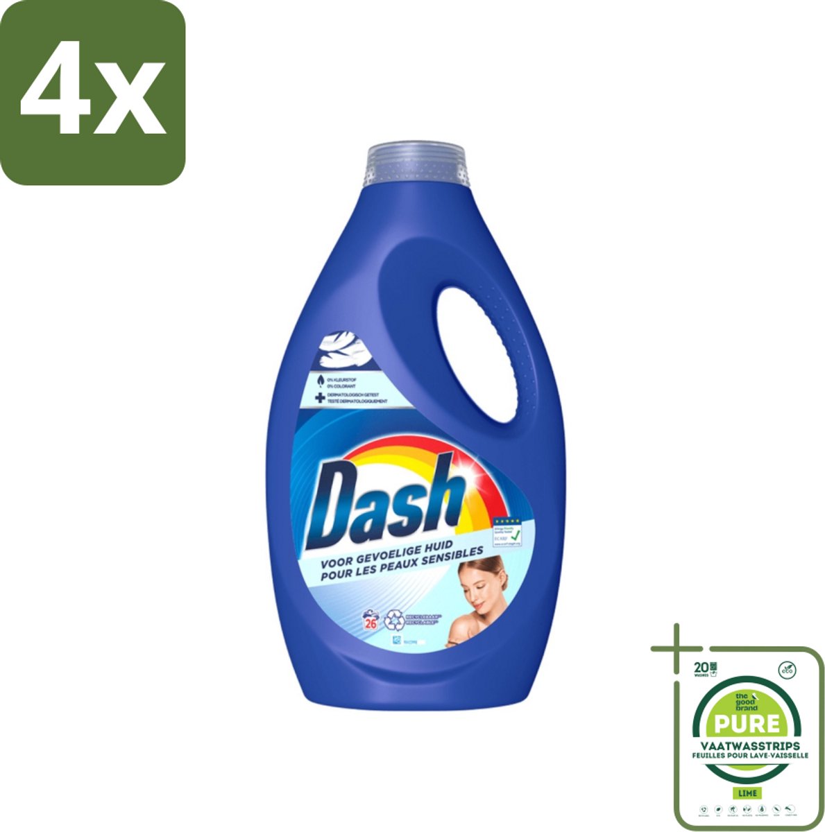 Dash Sensitive - Vloeibaar Wasmiddel - Voor Gevoelige Huid - Witte en Gekleurde Was - 26 Wasbeurten - Voordeelverpakking - 4 stuks - Wasmiddel voor gevoelige huid - Wasmiddel zonder kleurstoffen