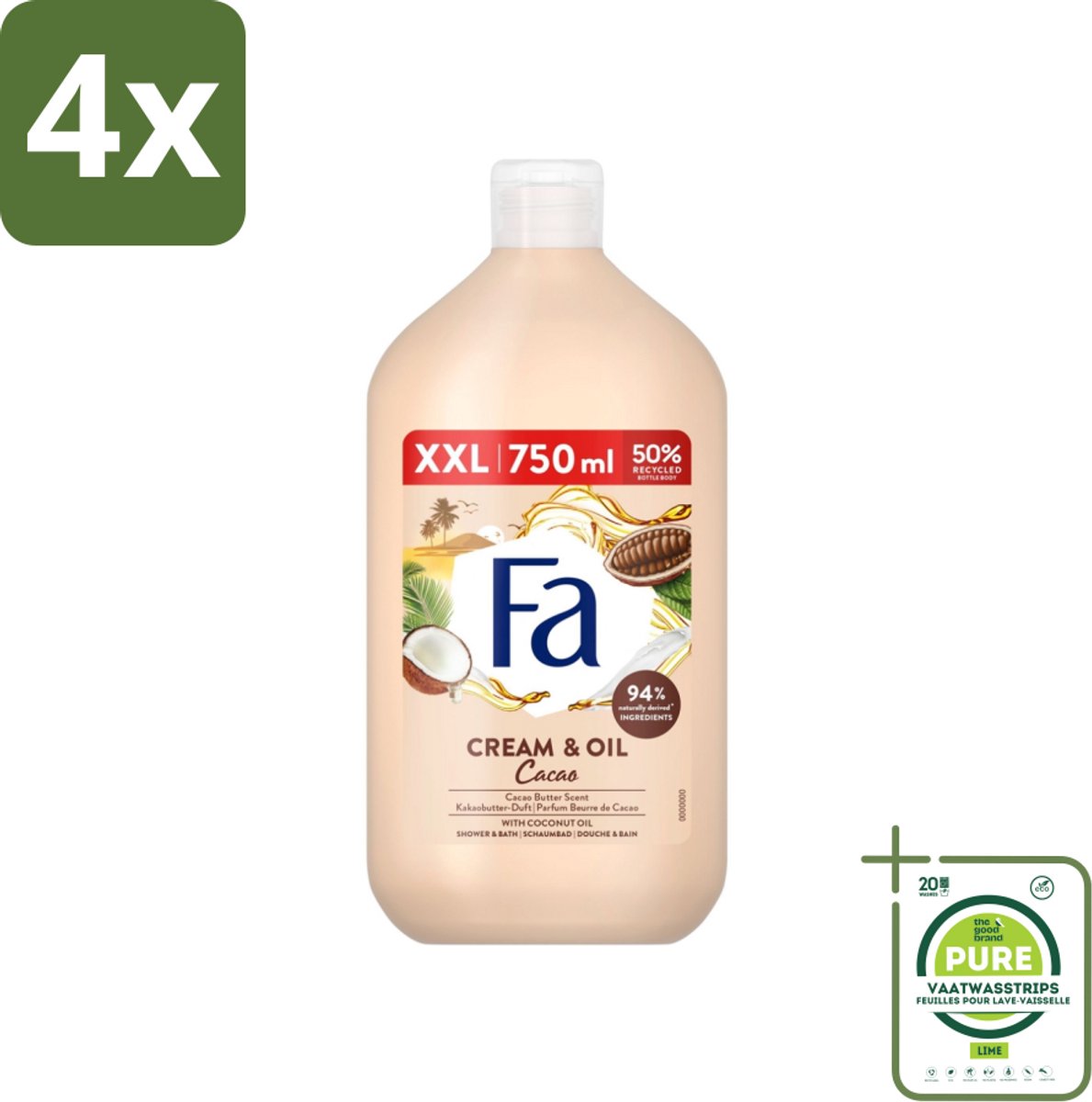 Fa - Cream & Oil Cacao - Bad- & Douchegel - Cacaoboter Met Kokosolie - 750 ml - Voordeelverpakking - 4 stuks - Badgel - Douchegel