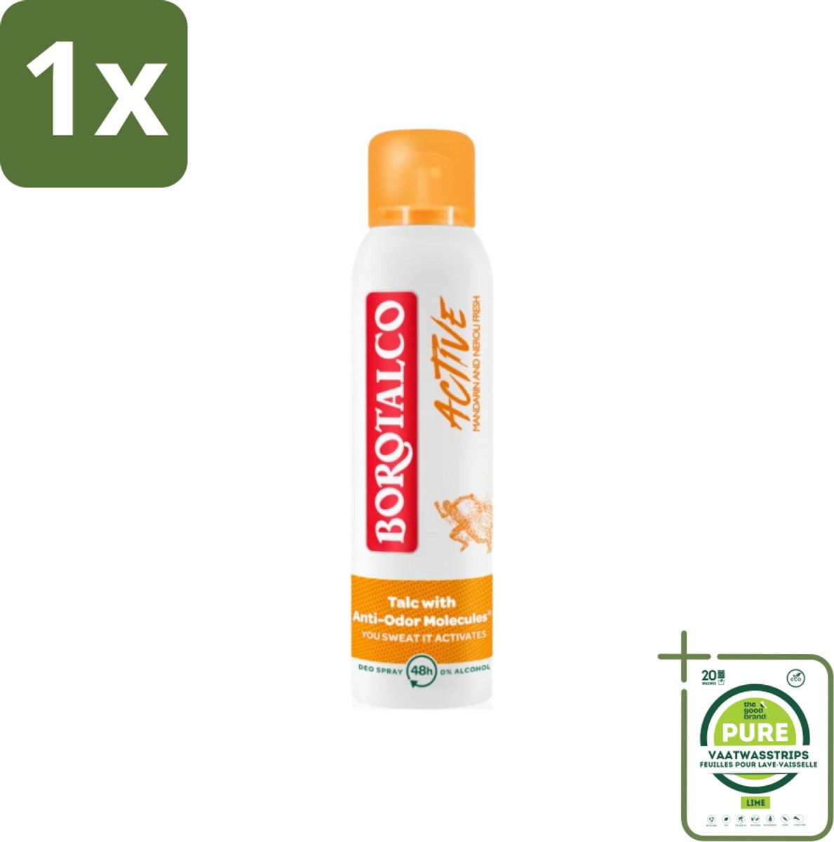 1 x Borotalco - Deodorant Spray - Active - Mandarin & Neroli Fresh - 0% Alcohol - 150 ml - Deodorant Spray - Antitranspirant - Mandarijn - Neroli - Frisse Geur