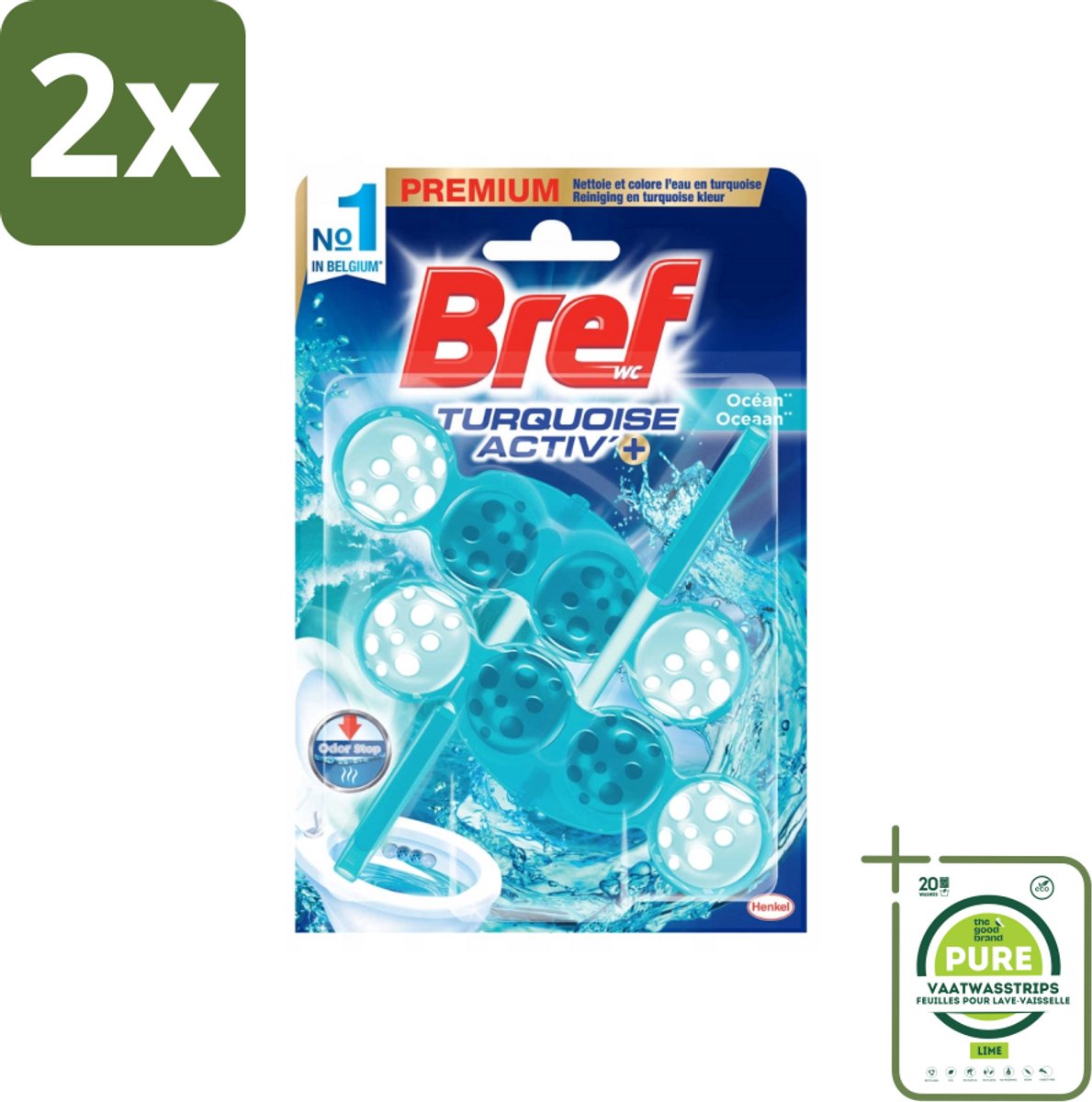 Bref WC - Turquoise Activ+ - Toiletblok - Oceaan - 2 Blokken - Voordeelverpakking - 2 stuks - Toiletblok - Toilet fris