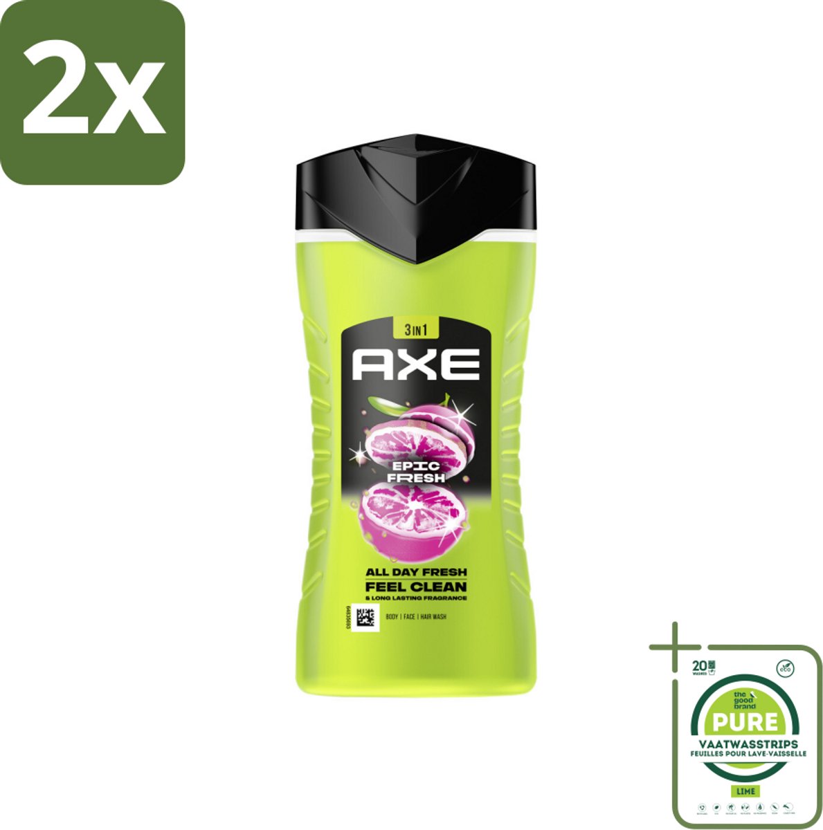 Axe - 3-in-1 Douchegel - Epic Fresh - Grapefruit & Tropical Pineapple - Fresh Boost - 250 ml - Voordeelverpakking - 2 stuks - Douchegel - 3-in-1