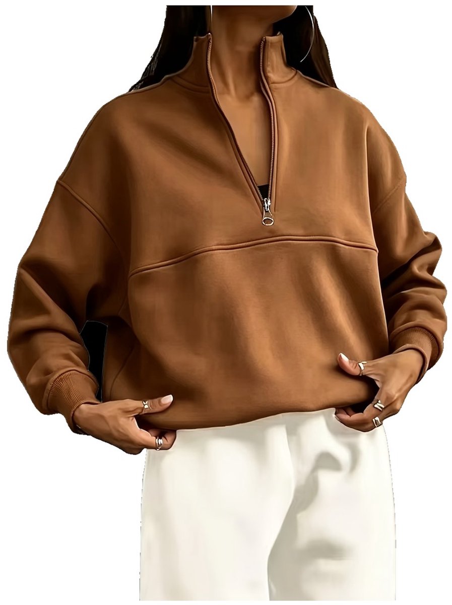 Currero Quarter Zip Dames Sweater Met Rits Jumper Quarterzip Hoodie Warme Trui Vest Lang Coltrui Bruin