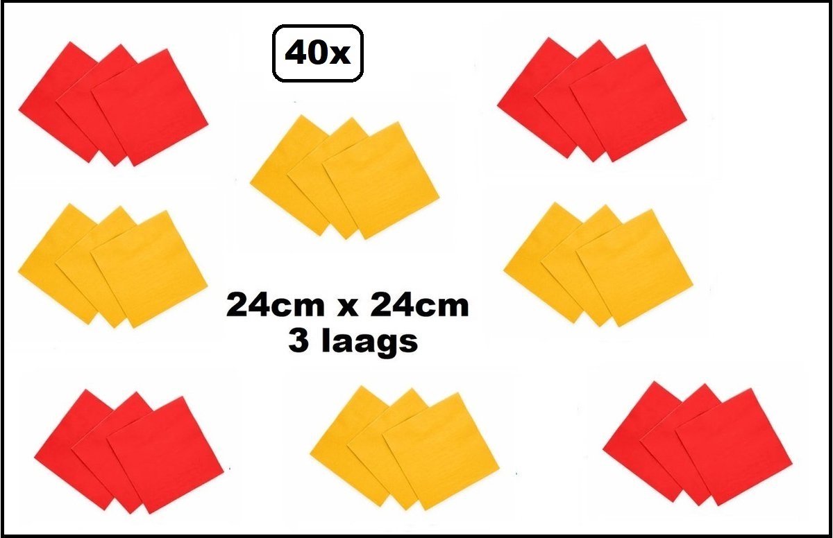 40x Servetten rood en geel 24cm x 24cm - 3 laags - Party Cocktail servet diner eten knoeien restaurant BBQ thema feest verjaardag feest