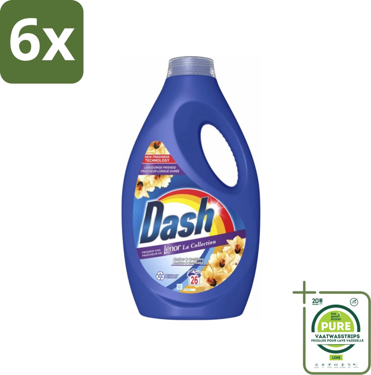 Dash - Lenor Collectie - Vloeibaar Wasmiddel - Witte en Gekleurde Was - Amber & Orchidee - 26 Wasbeurten - Voordeelverpakking - 6 stuks - Wasmiddel - Lenor