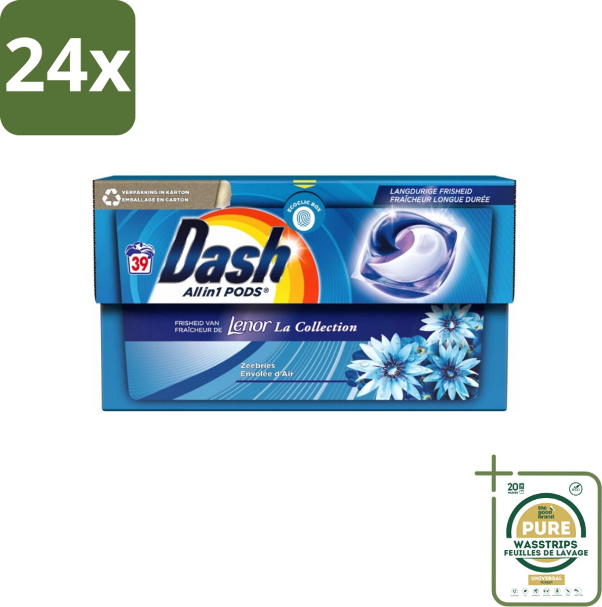 Dash - Lenor Collectie - Wasmiddel Capsules - All-in-1 Pods - Witte en Gekleurde Was - 39 Wasbeurten - Voordeelverpakking - 24 stuks - Lenor - Ocean Breeze