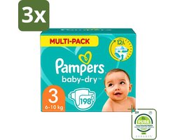 3 x Pampers - Baby-Dry - Luiers - Maat 3 (6-10 kg) - 198 Luiers - Grootverpakking - Babyluiers - Luiers Maat 3 - Pampers Baby-Dry - Luiers Tegen Lekken - Luiers Voor Baby