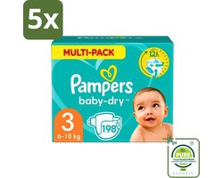 5 x Pampers - Baby-Dry - Luiers - Maat 3 (6-10 kg) - 198 Luiers - Grootverpakking - Babyluiers - Luiers Maat 3 - Pampers Baby-Dry - Luiers Tegen Lekken - Luiers Voor Baby