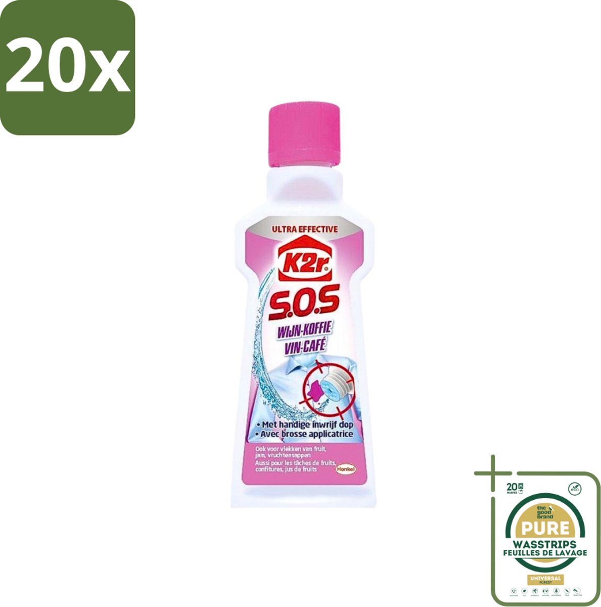 20 x K2R - SOS Vlekverwijderaar - Wijn & Koffie - 50ml - Grootverpakking - Wijnvlek Verwijderen - Koffievlek Verwijderen - Textiel Reinigen - Vlekverwijderaar - Vlekken Op Textiel