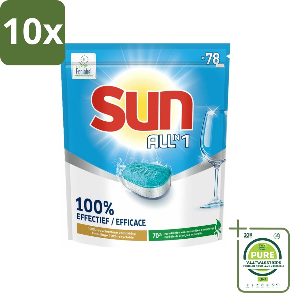10 x Sun All-in-1 - Eco Label - Vaatwastabletten - 78 Tabletten - Grootverpakking - Vaatwastabletten - Vaatwasser - Ecolabel - Milieuvriendelijk - Vaatreiniger