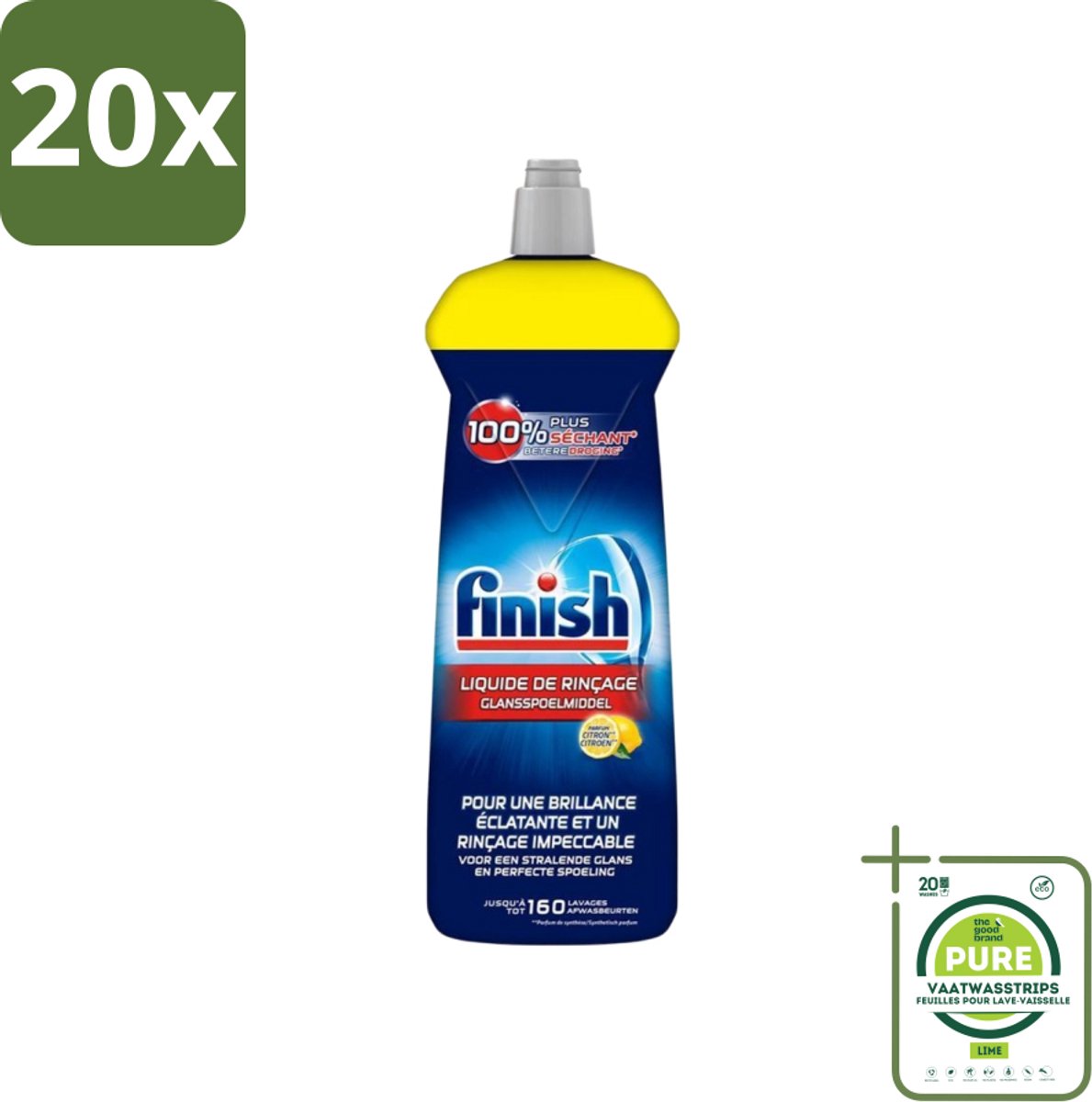 20 x Finish - Glansspoelmiddel - Citroen - Stralende glans - Tot 160 Afwasbeurten - 800 ml - Grootverpakking - Glansmiddel - Vaatwasser - Citroen - Glanzende Vaat - Snel Drogen