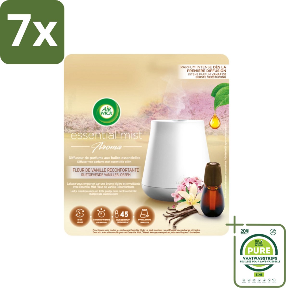 7 x Air Wick Essential Mist - Elektrische Geurverspreider - Starterkit - Rustgevende Vanillebloesem - 20ml - Grootverpakking - Elektrische Geurverspreider - Geurverspreider - Essentiële Oliën - Vanillebloesem - Rustgevende Geur