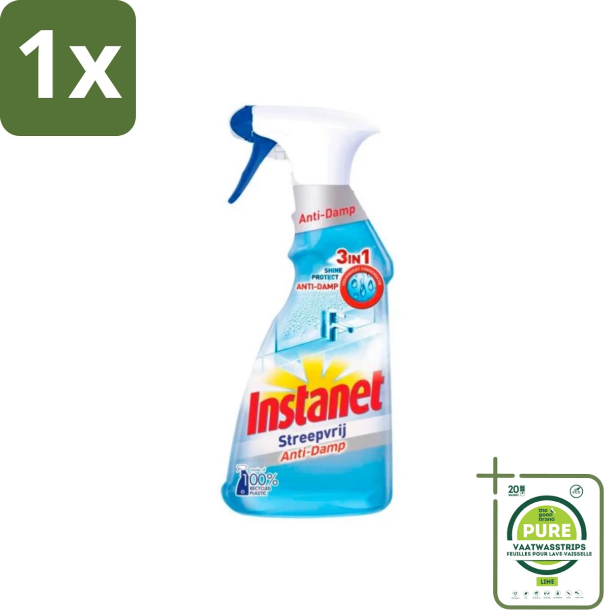 1 x Instanet - Schoonmaakspray - Anti-Damp - Streepvrij - 3in1 - 500 ml - Schoonmaakspray - Ramen Schoonmaken - Streepvrij - Anti-damp - Schoonmaakproduct