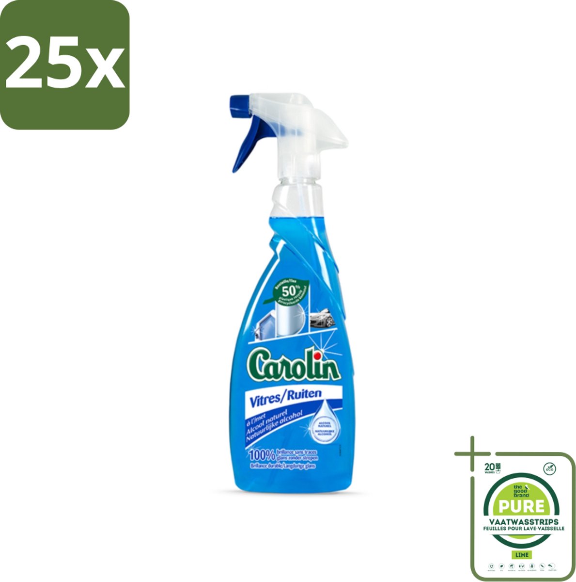 25 x Carolin - Glas- en Ruitenreiniger - Met Natuurlijke Alcohol - 650 ml - Grootverpakking - Glasreiniger - Ramen Schoonmaken - Streeploos - Natuurlijke Reiniger - Alcohol Reiniger