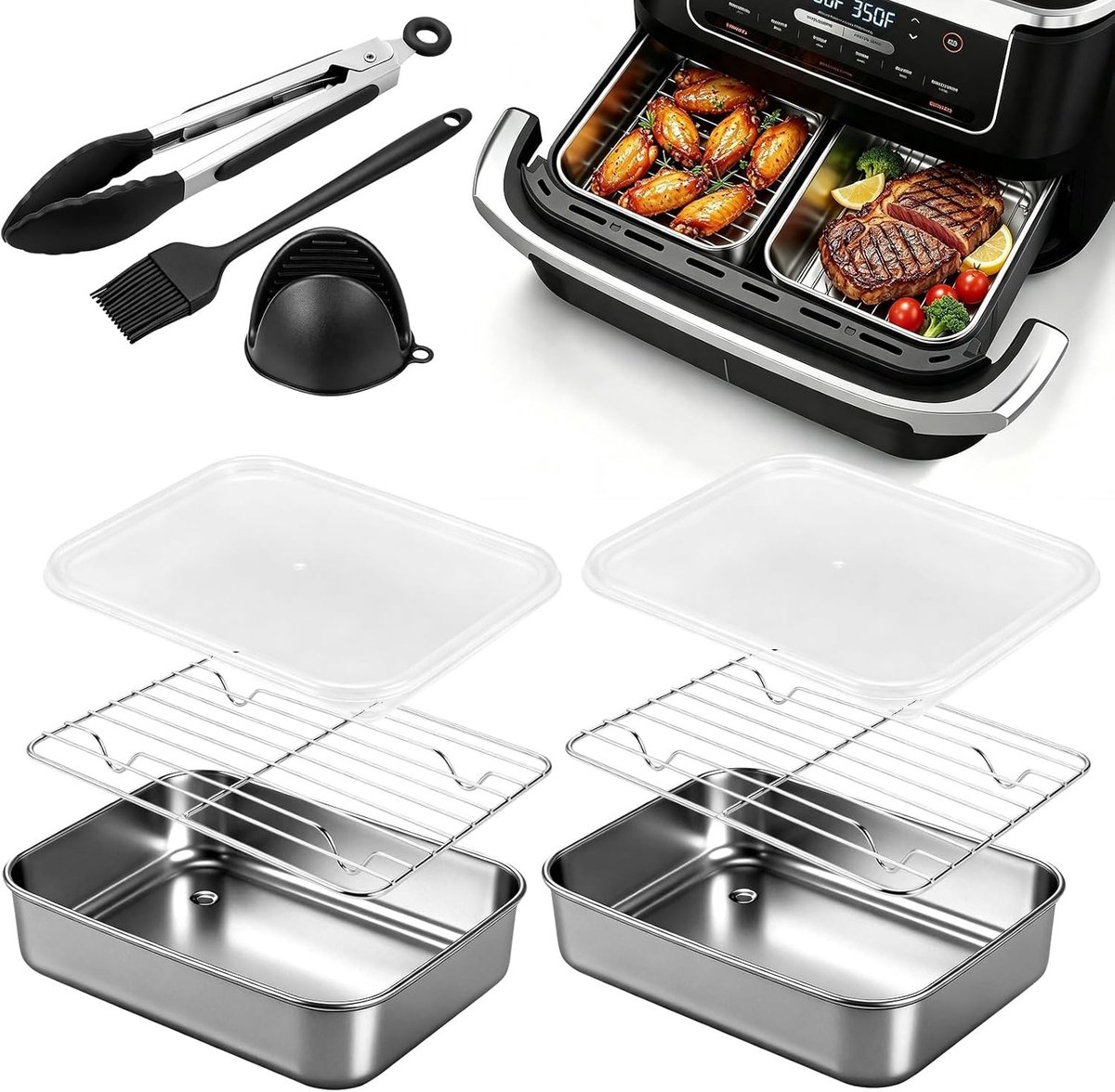 Accessoires voor Airfryer, 9 Stuks Roestvrijstalen Bakvormen, Airfryerrooster, Ovenwanten, Spatel en Keukentang voor Perfecte Bereiding