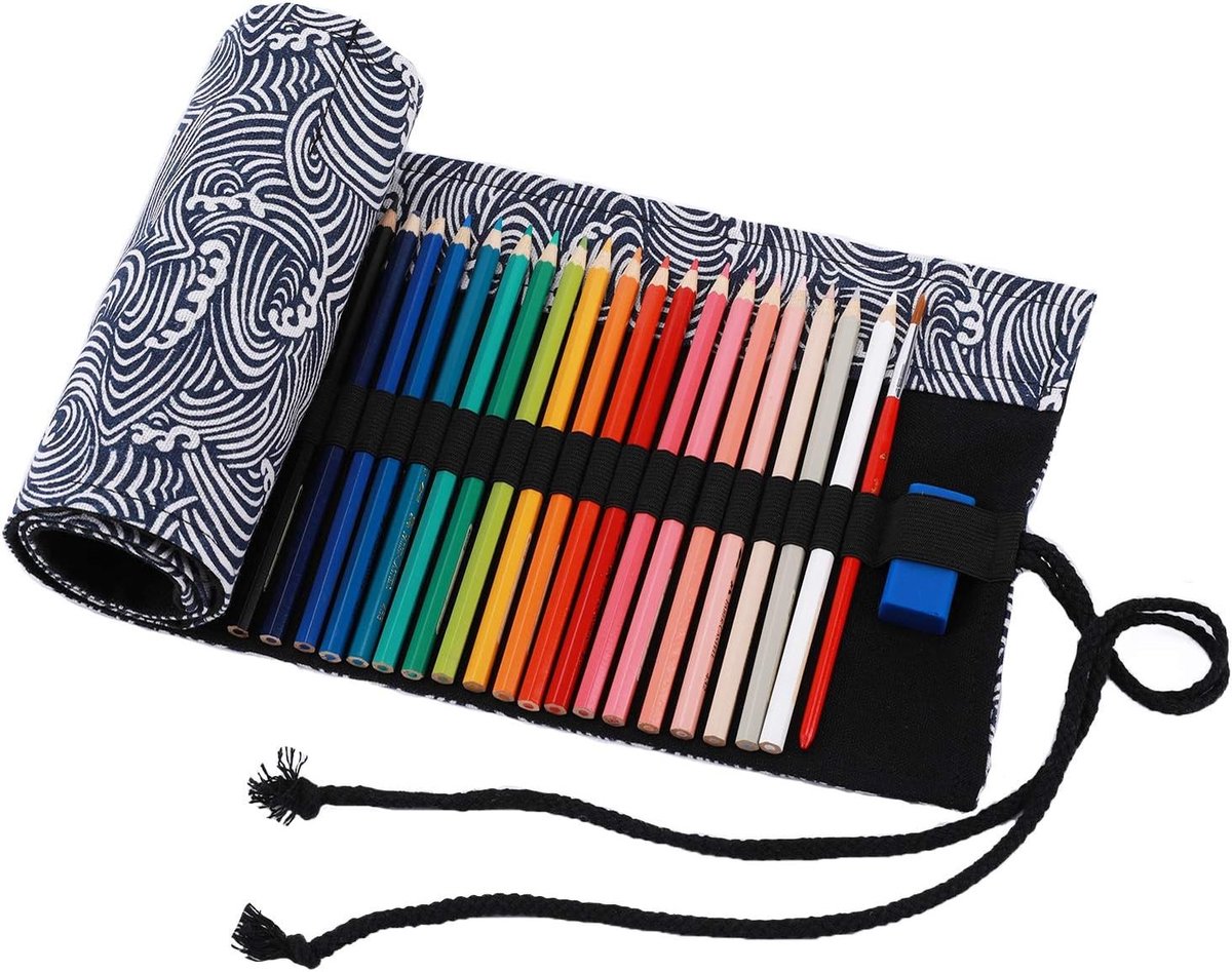 Handige Roll-Up Opbergzak voor 36 Kleurpotloden en Stiften - Canvas, Stripes, Ideaal voor Kunstenaars