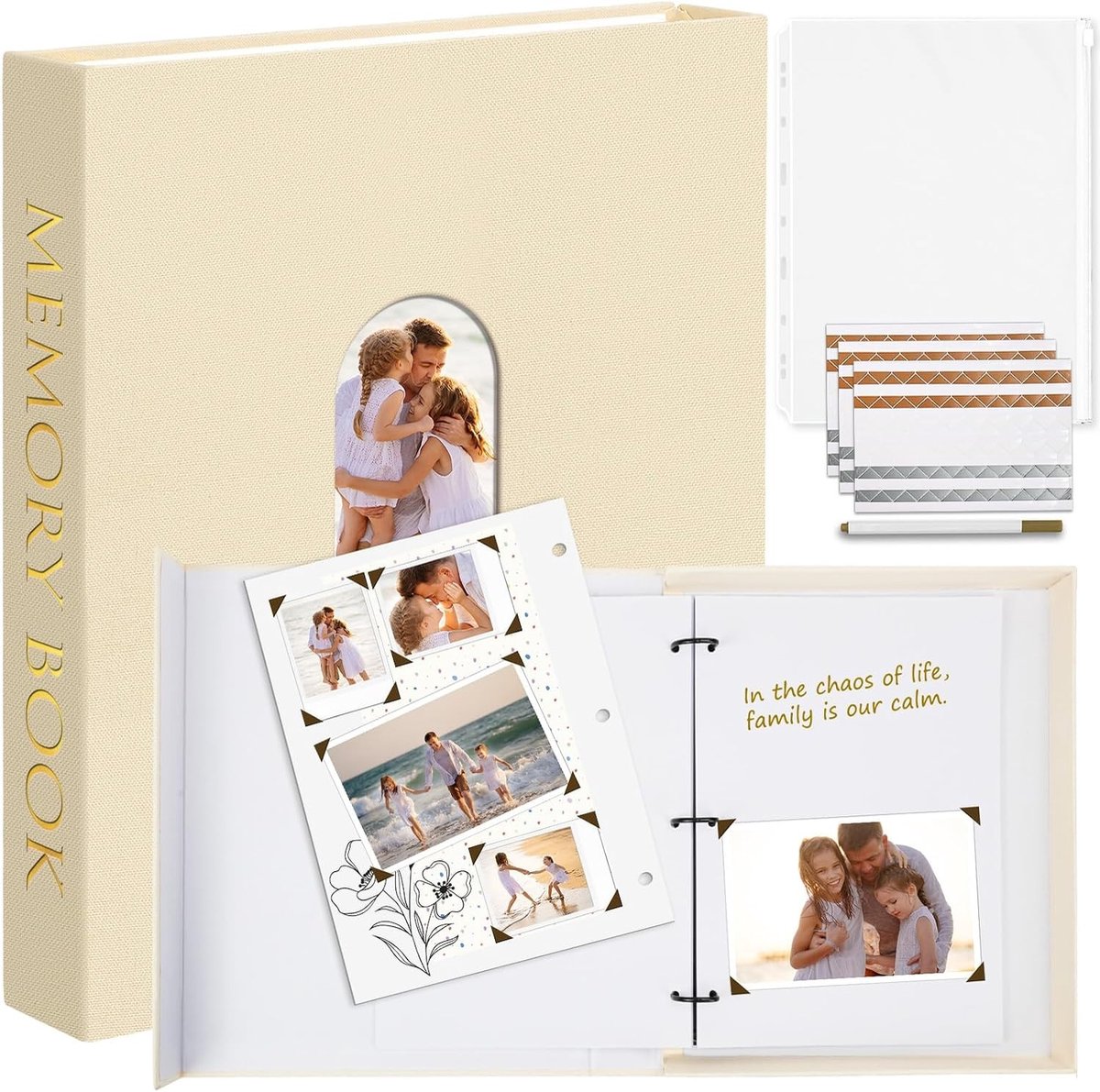 Fotoalbum 21 x 28 cm met linnen kaft, 3 ringen en 50 witte bladen voor herinneringen, perfect als cadeau voor bruiloften, verjaardagen en jubilea