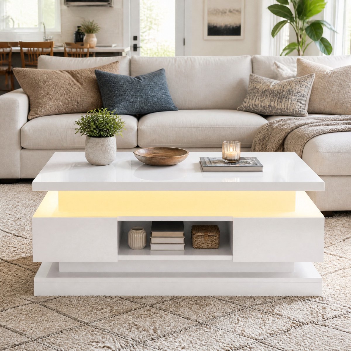 Wishdor Hoogteverstelbare salontafel - LED verlichting - 2 lades - Hoogglans - Wit - Bewerkt hout - 100 x 50 x 40 cm