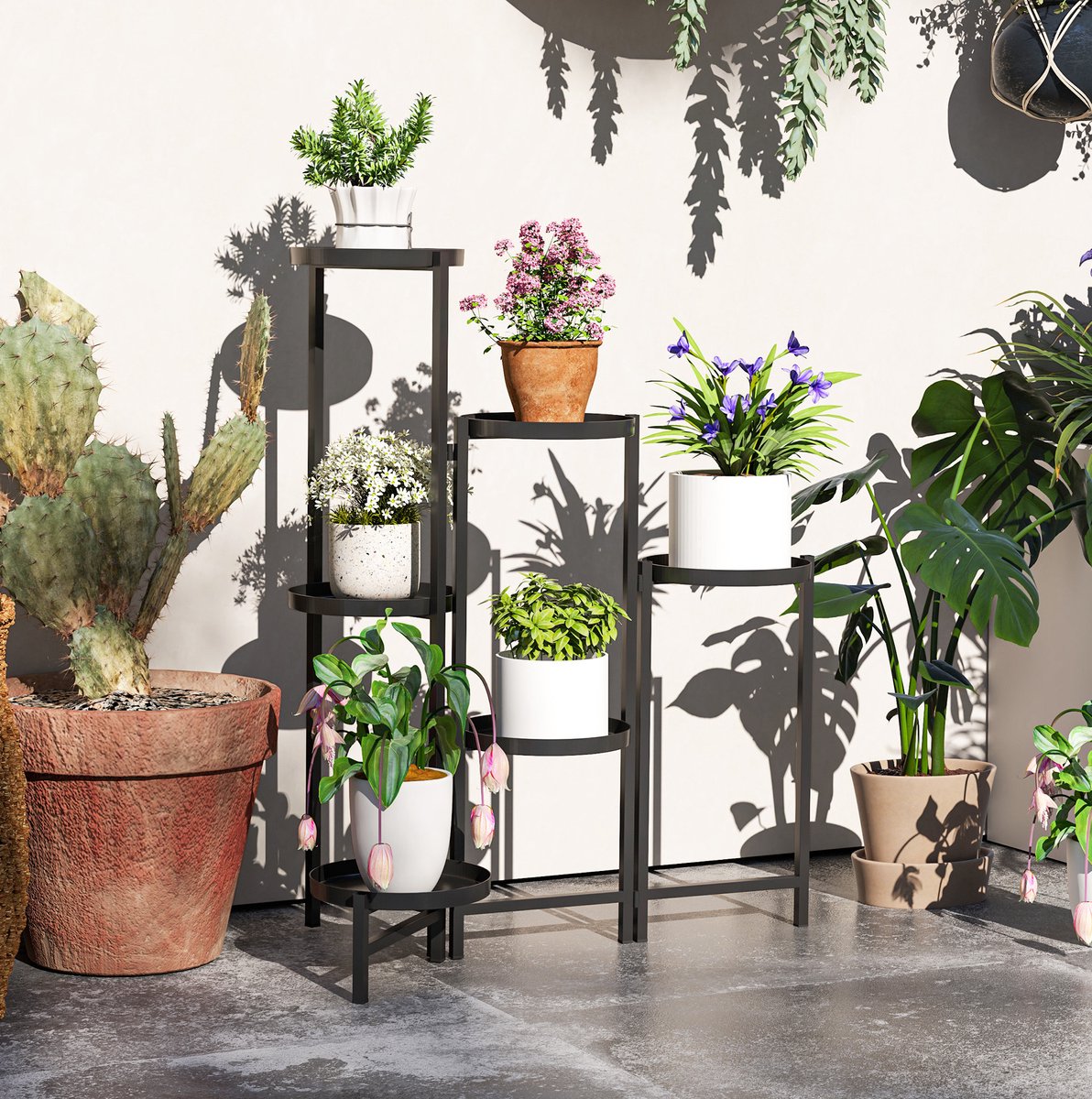 REDOM - Plantenstandaard - 6 niveaus - Inklapbaar en verstelbaar - Zonder schroeven - Voor binnen en buiten - Metaal - Zwart - 60 x 40 x 80 cm