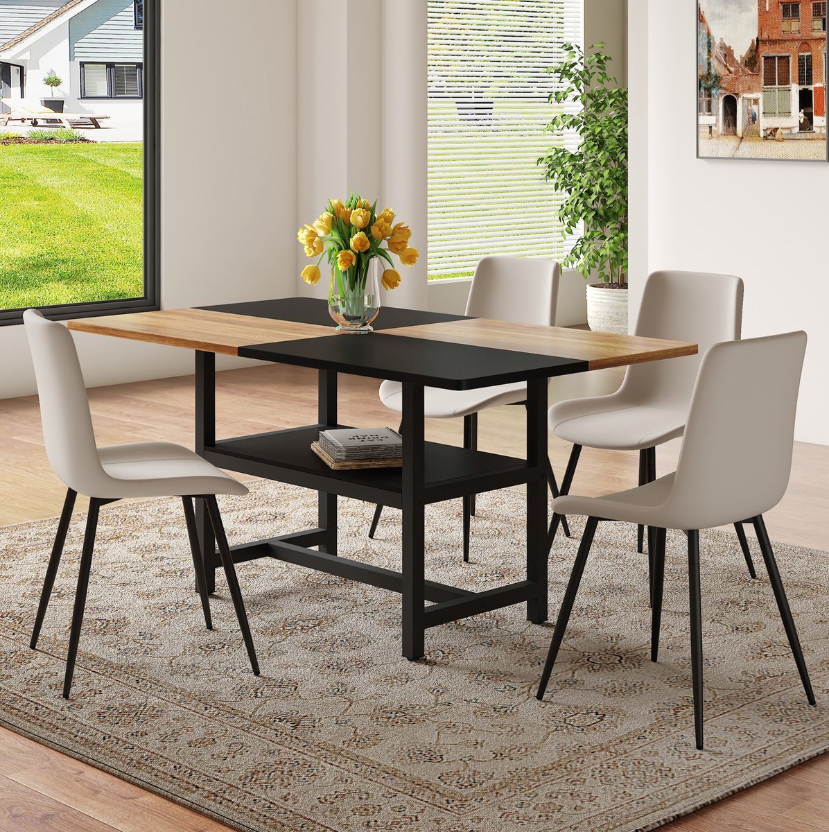 Wishdor Eettafelset 4 stoelen - Rechthoekige eettafel 160 cm - Met opbergrek - Modern design - MDF en metaal - Bruin, zwart en warmgrijs