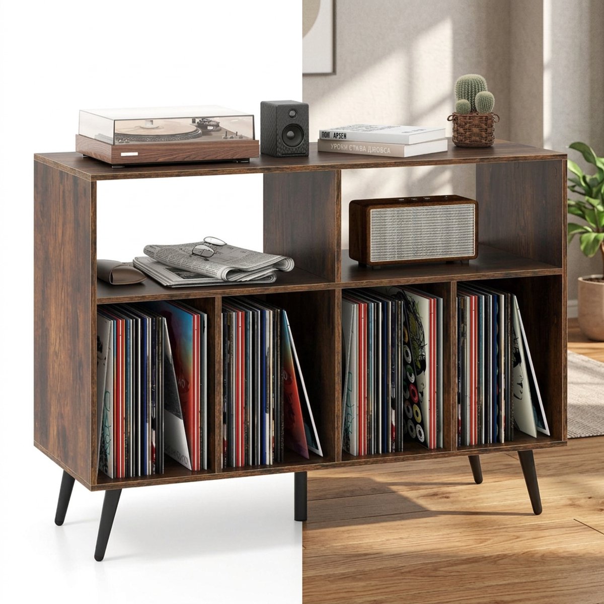Platenspelermeubel - LP-kast - Platenspelerkast - Draaitafelstandaard - Platenspelerstandaard - Vintage Displayplank - Rustiek Bruin