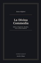 Zwarte boekomslag met minimalistische goudkleurige lijnen en de tekst 'La Divina Commedia' van Dante Alighieri.