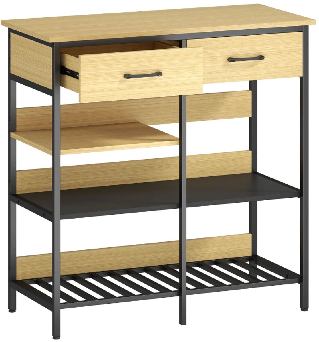 Dressoir - Ladekast Met 2 Laden En 3 Open Planken - Keukenkast Voor Keuken En Woonkamer - 90 x 40 x 91 cm - Natuurlijk Hout
