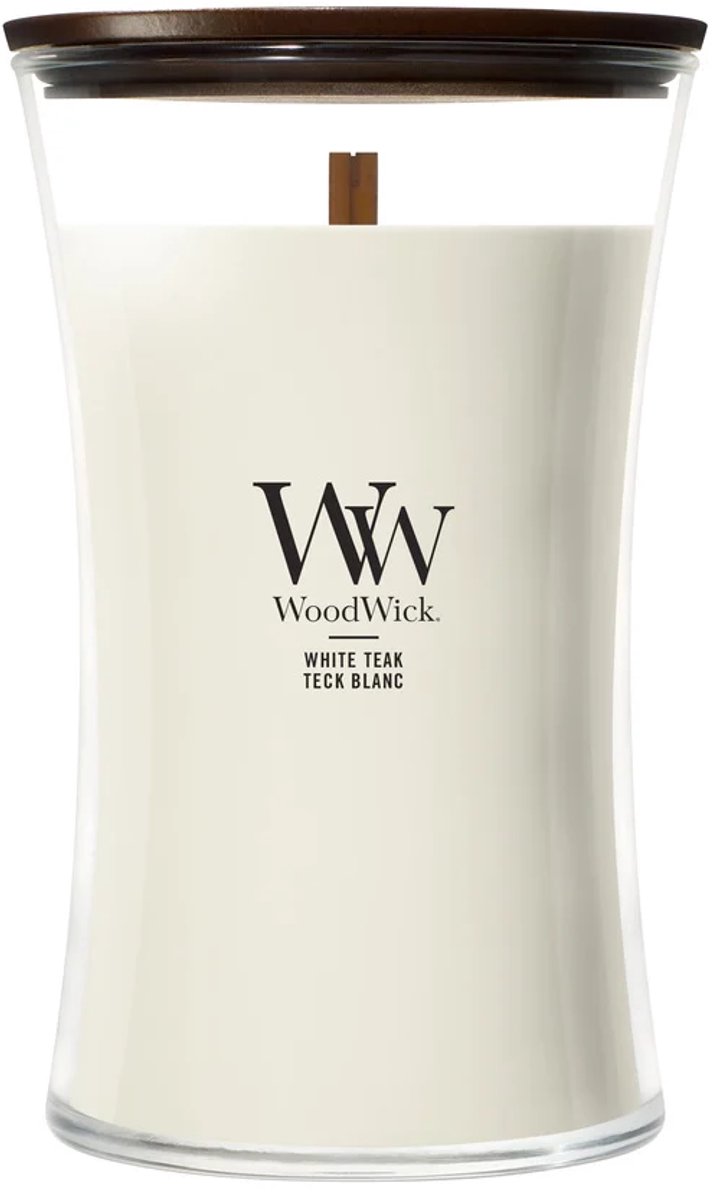 WoodWick Hourglass Large Geurkaars - White Teak - 130 branduren wit creme