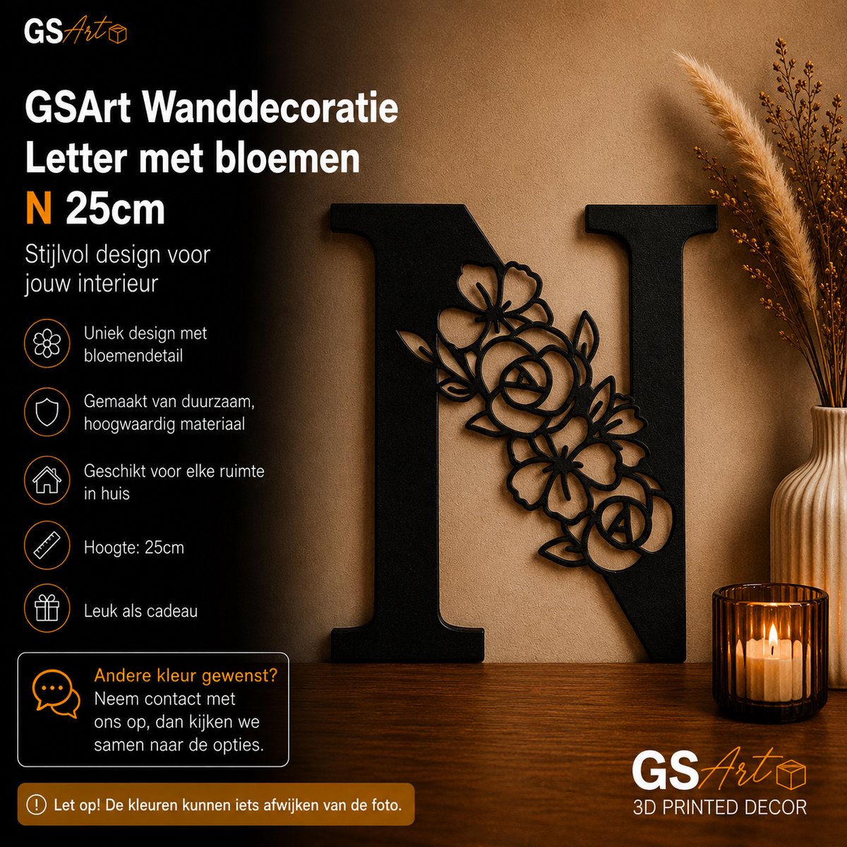 GSArt Wanddecoratie Letter met Bloemen – 25 cm - N