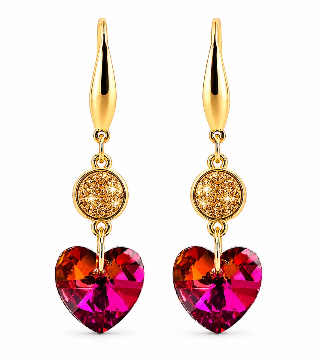 Goudkleurige feestelijke stalen dames oorhanger met roze kristal hartje en rond glitter medaillon - 5cm