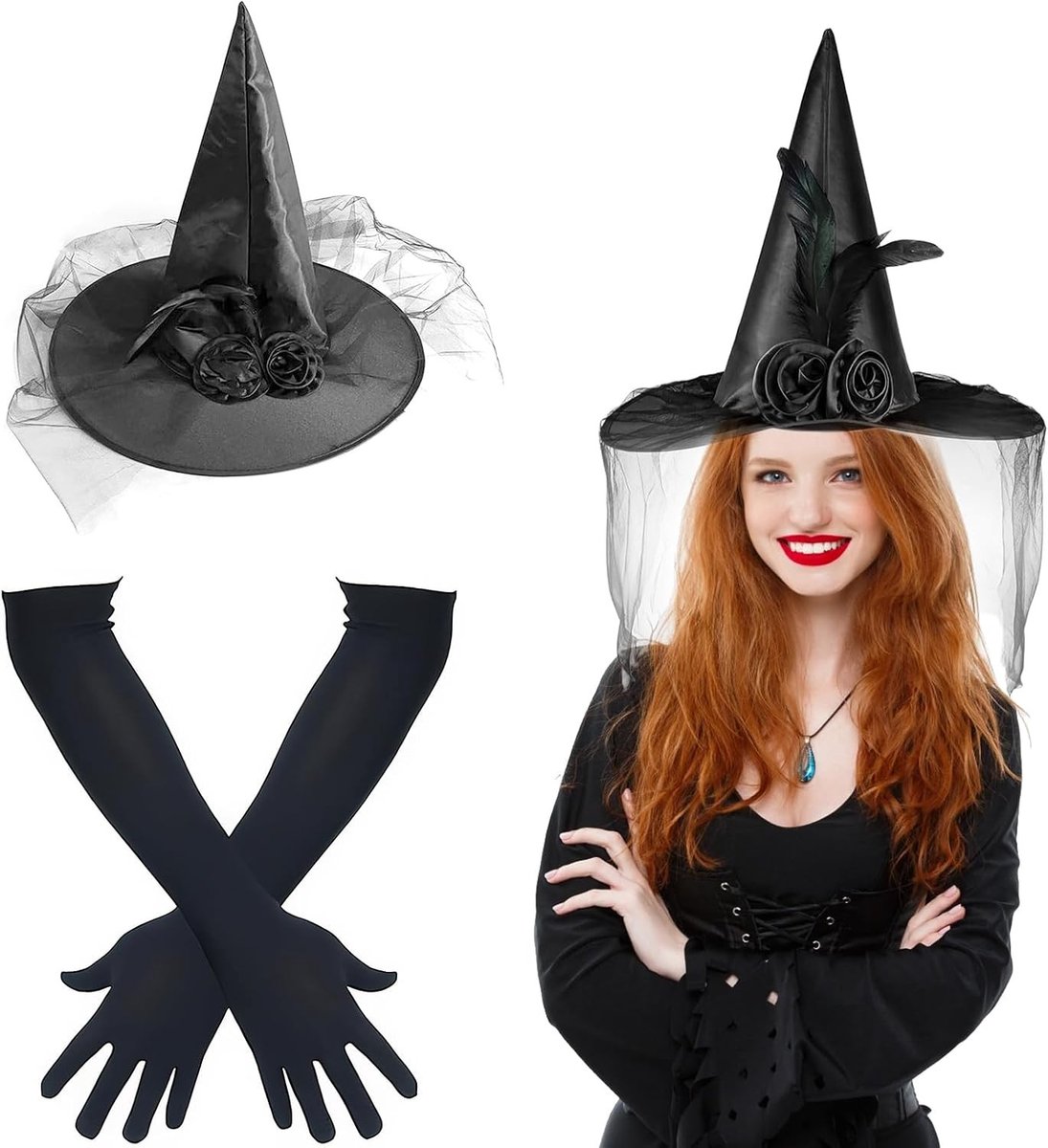 Zwarte Hekkenhoed en Lange Handschoenen voor Vrouwen, Perfecte Kostuumaccessoires voor Halloween, Carnavalsfeesten en Cosplay