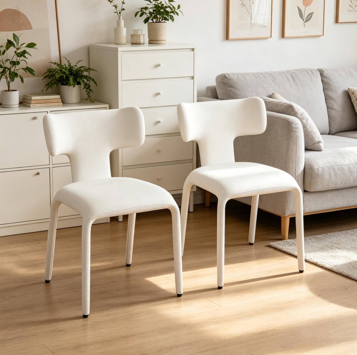 DESMIU Eetkamerstoel Set Van 2 - Gebogen Rugleuning En Zachte Stof - Comfortabel Voor Eetkamer Woonkamer En Keuken - Metaal - Wit Apricot Cream