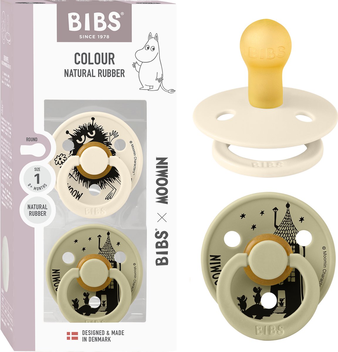 Moomin x BIBS Colour Fopspeen - 0-6 mnd - 2-pack - Rond - Ivory/Khaki
