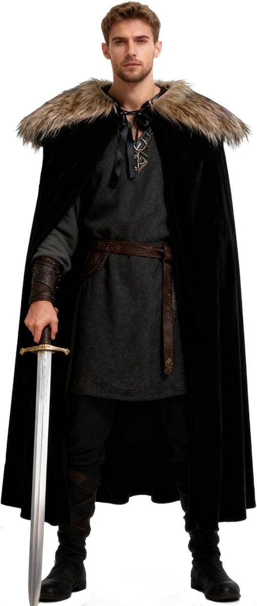 Zwarte Fluwelen Kaap met Verwijderbare Viking Bontkraag, Middeleeuwse Bontkaap, Unisex, One Size, Perfect voor Cosplay en Theatrale Kostuums