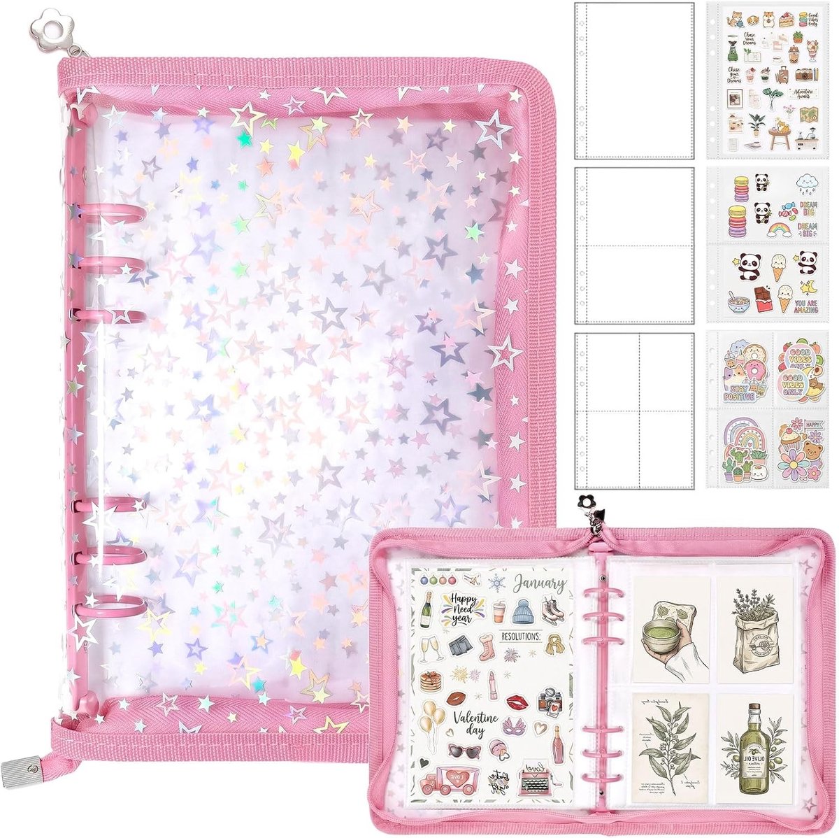 Sticker Album met 360 Pocket, 6-Rings Zipper Map en Glanzende Sterren voor Kpop Foto's, Postkaarten en Sticker Collectie, Ideaal voor Opbergen en Tonen