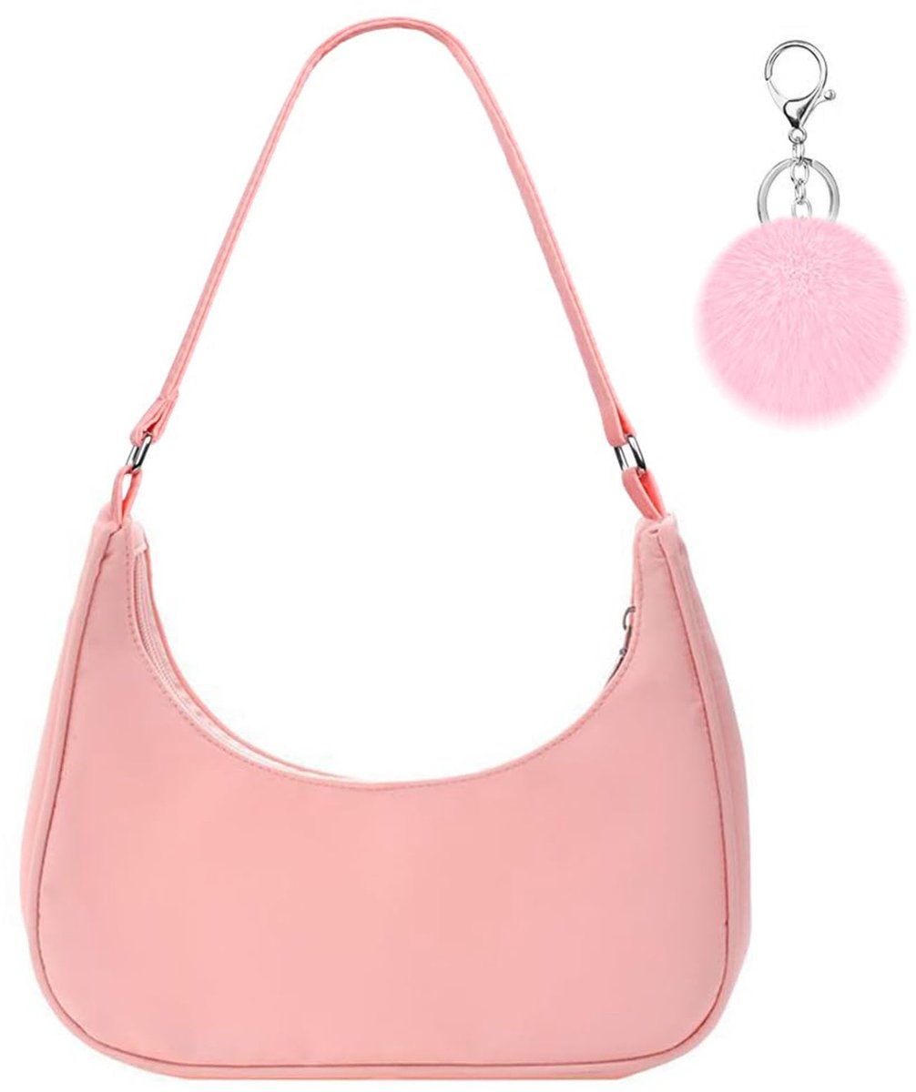 Aucuu Schoudertas voor dames, nylon Y2K-schoudertas, minihandtas met pomponsleutelhanger en ritssluiting, cadeau voor - ShopVlot