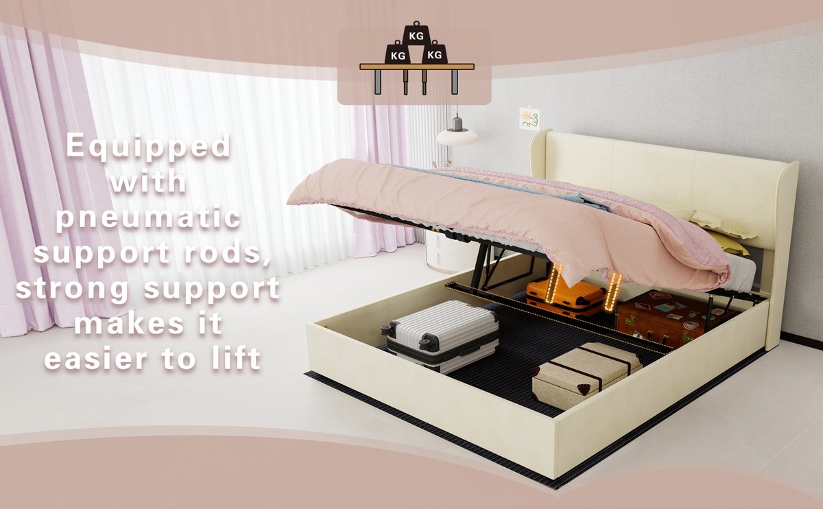 Wishdor Tweepersoonsbed 160x200 cm - Gestoffeerd bed met opbergruimte - Gaslift en zacht hoofdbord - Modern design - Stof en metaal - Beige - 200 x 160 x 133 cm
